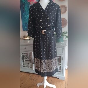 80's Part Business, Part Boho Pleated Belted Dress